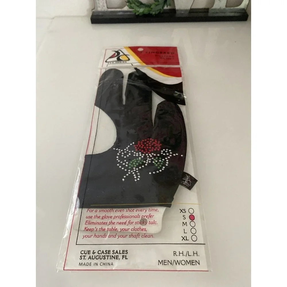 Black Pro Series Rose Motif Pool Cue Glove Full Fingers Breathable Washable Sz S